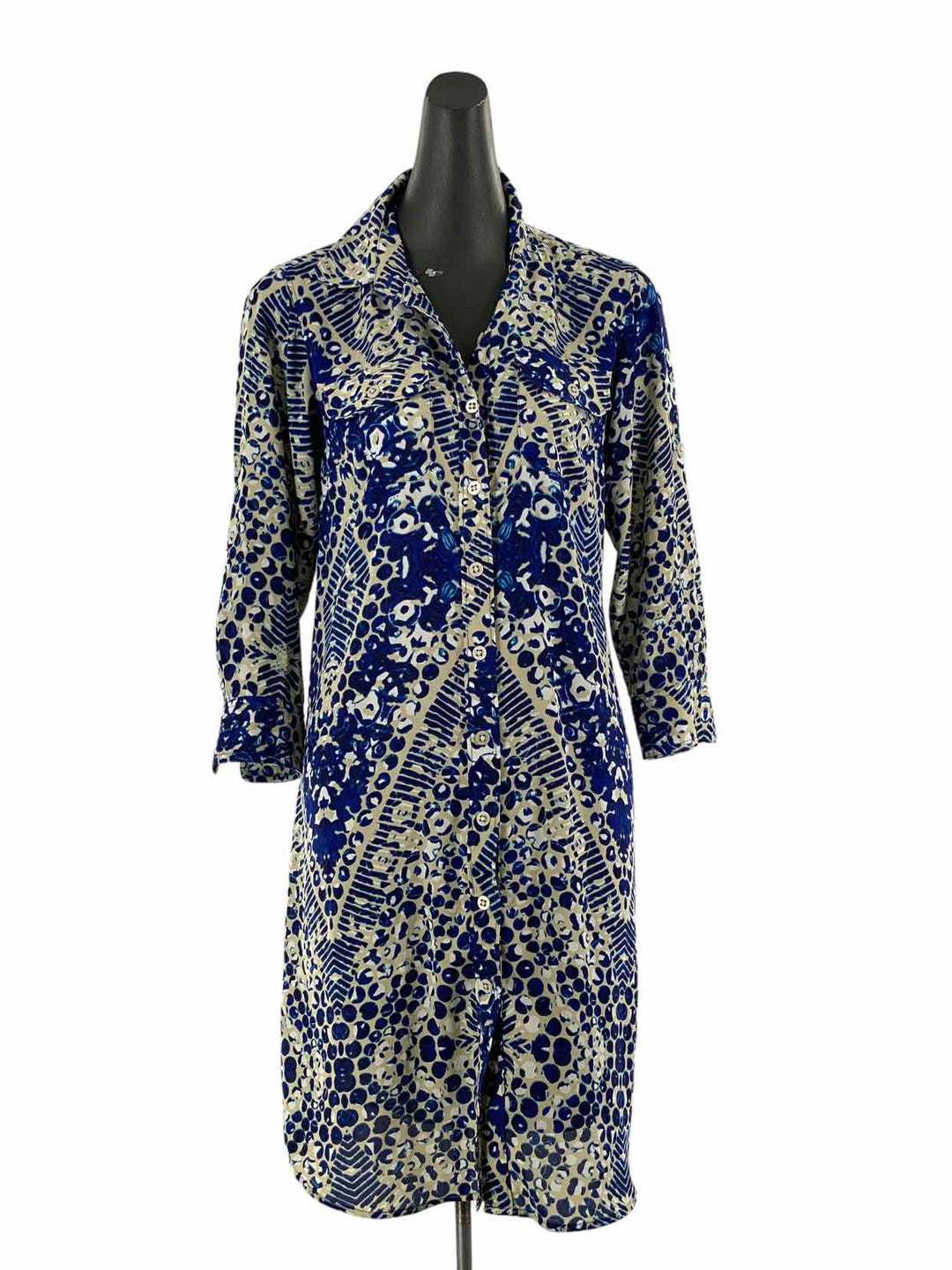 Cabi Size S Beige Blue & White Print Dress