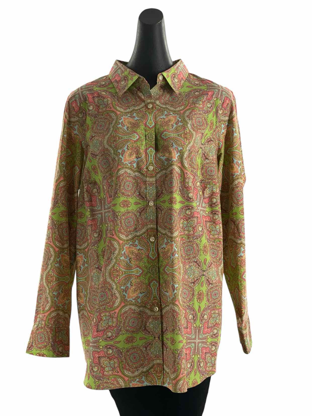 Lands End Size 22W Lime Green Multi Print Long Sleeve Shirts