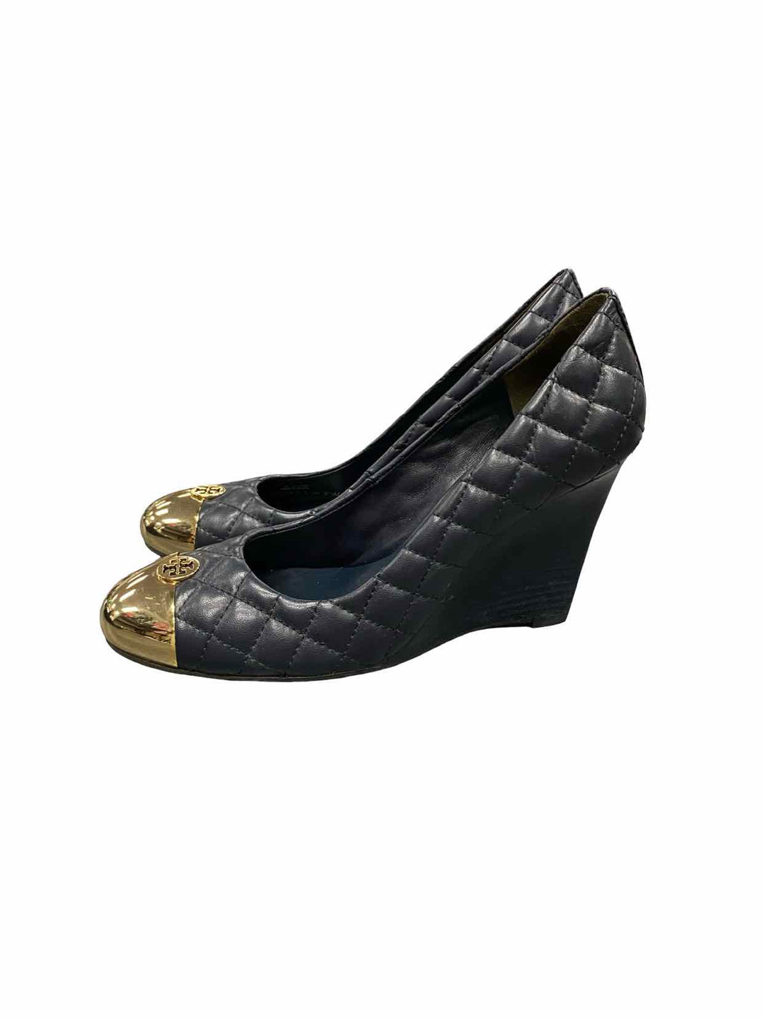 Tory Burch Shoe Size 9.5 Navy Quilted Leather Gold Cap Toe Wedge Heels