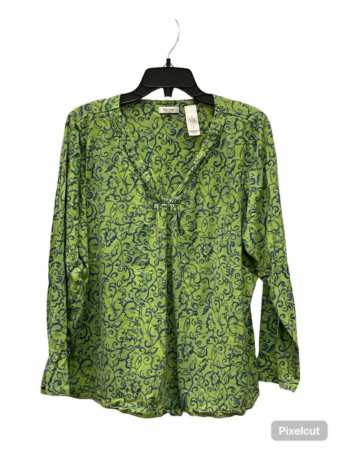 Liz & co Size 2X Green Blue Floral 100% cotton Long Sleeve Shirts