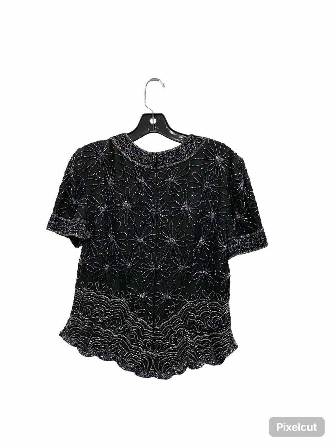 Adriana Papell Size L Black Beaded 100% silk Short Sleeve Shirts
