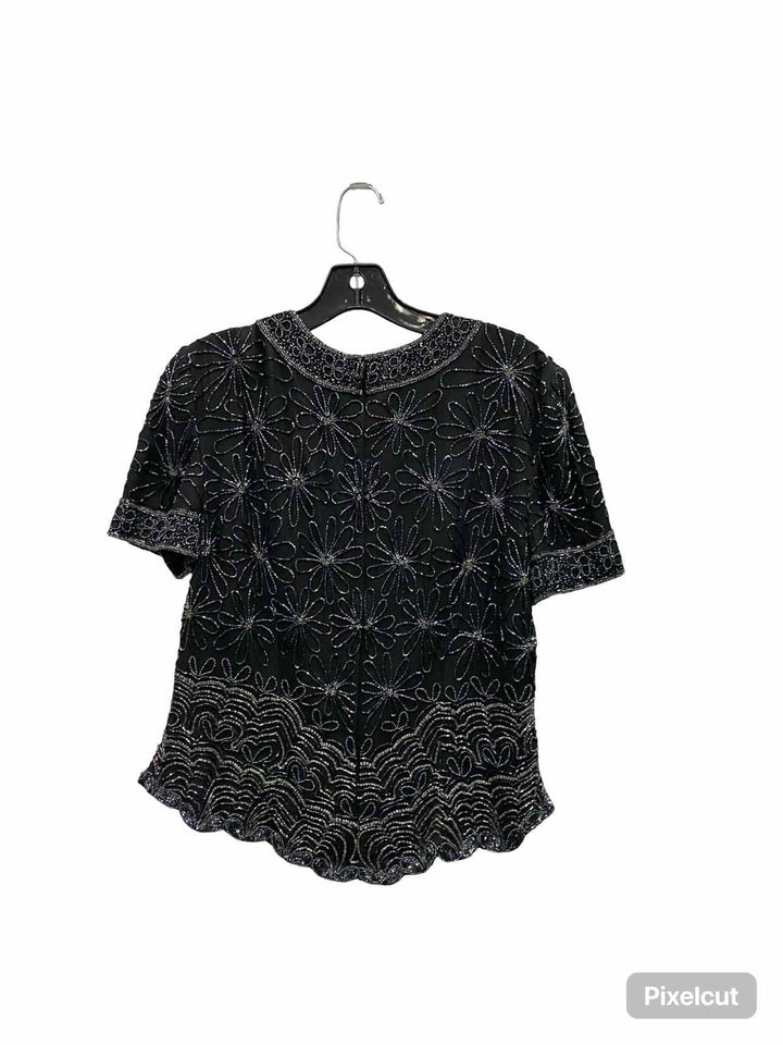 Adriana Papell Size L Black Beaded 100% silk Short Sleeve Shirts