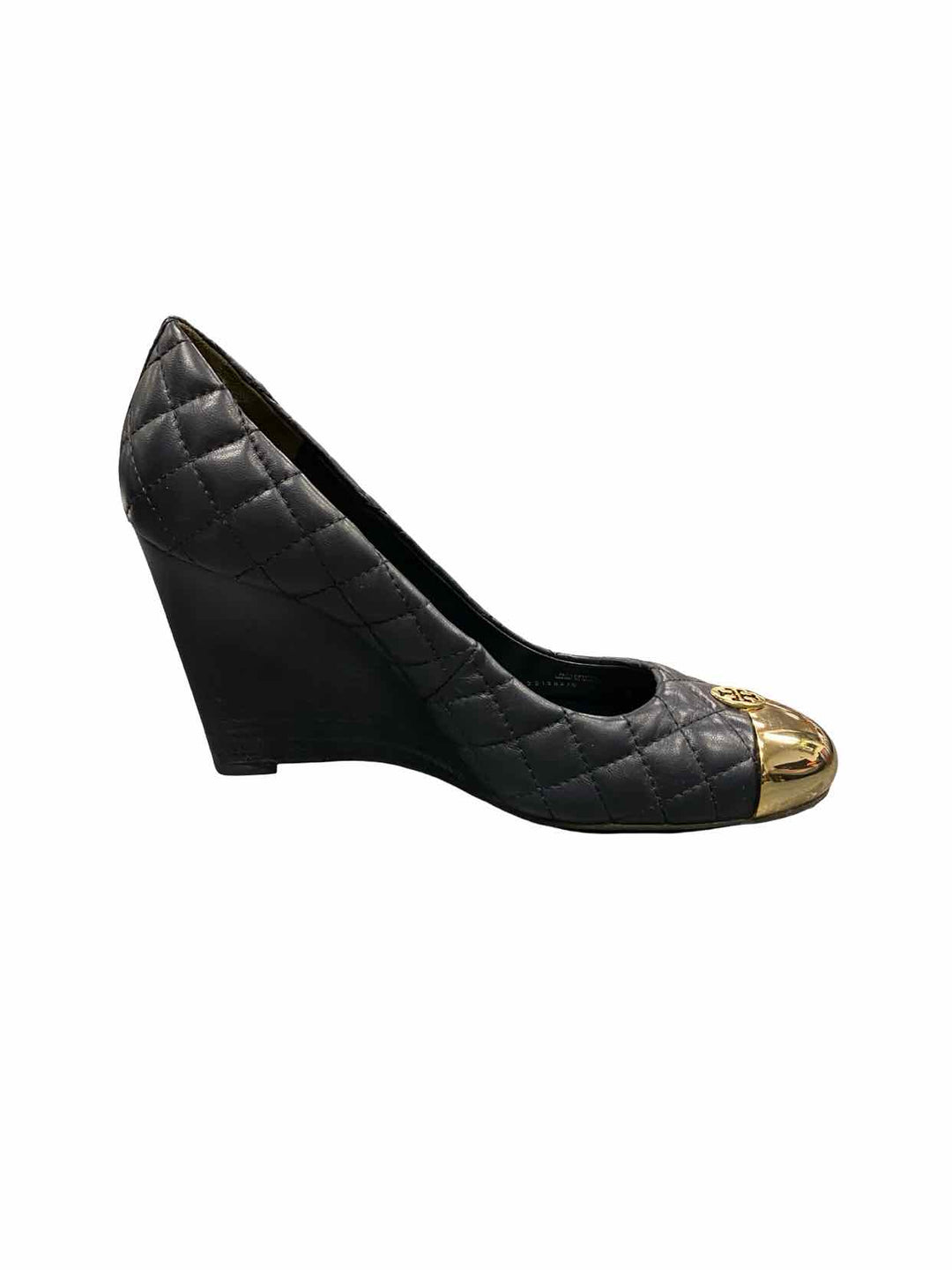 Tory Burch Shoe Size 9.5 Navy Quilted Leather Gold Cap Toe Wedge Heels