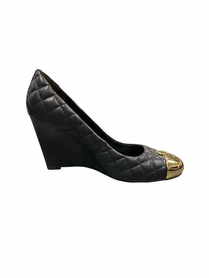 Tory Burch Shoe Size 9.5 Navy Quilted Leather Gold Cap Toe Wedge Heels