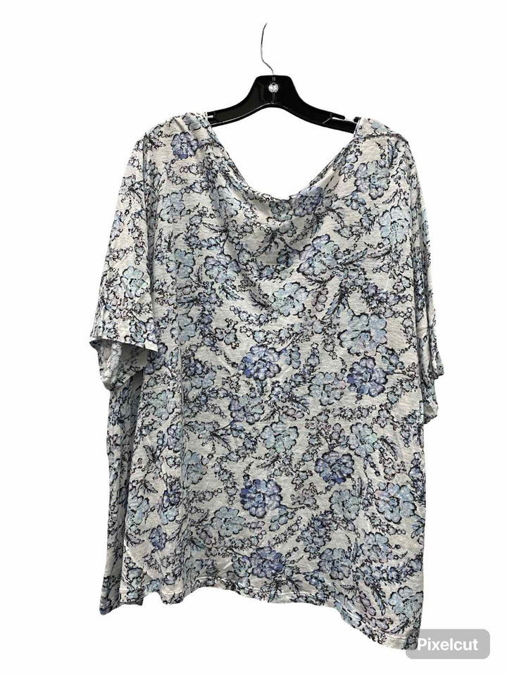 J Jill Size 3X White Blue Floral 100% Linen Short Sleeve Shirts