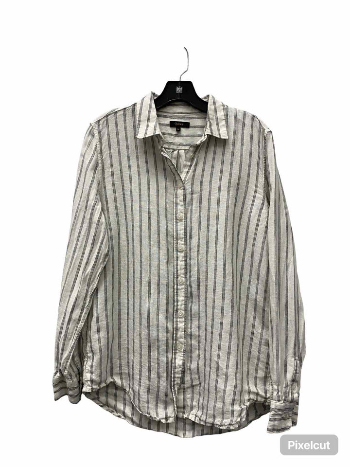 Quince Size M White Blue Stripe 100% Linen Long Sleeve Shirts
