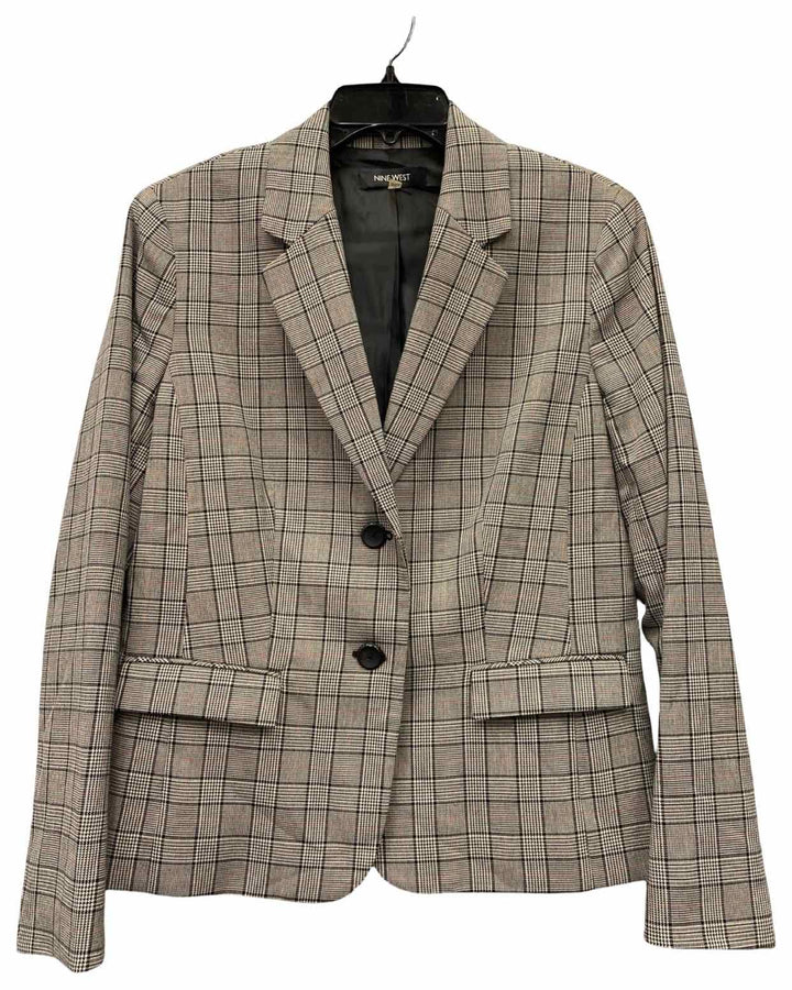 Nine West Size 10 Black Grey Plaid Blazer