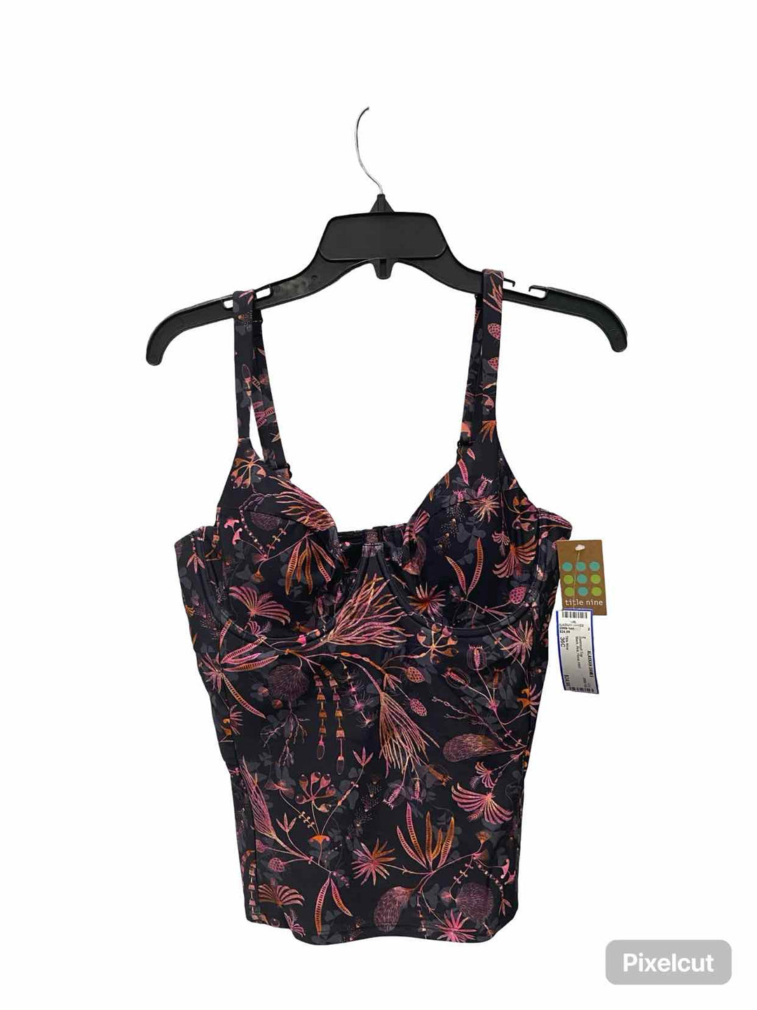 Title Nine Size 36C Black Pink Floral Swimsuit Top