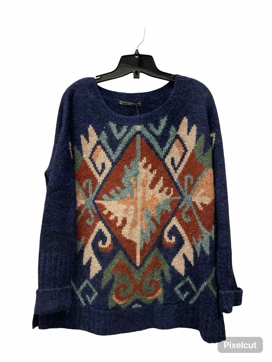 Peruvian Connection Size S Blue Print Alpaca Cotton Blend Sweater