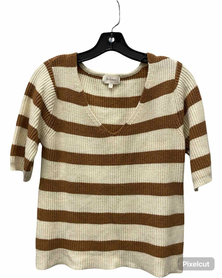 bohme Size L Cream Brown Striped Sweater