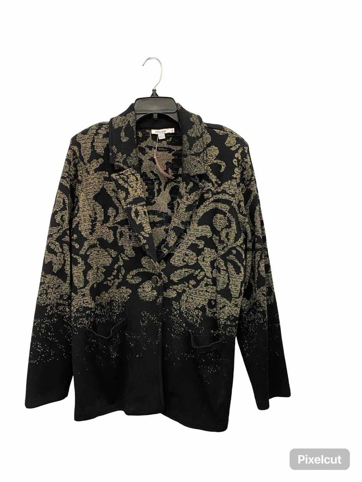 Chico's Size 3(16-18) Black Gold Print Knit Jacket