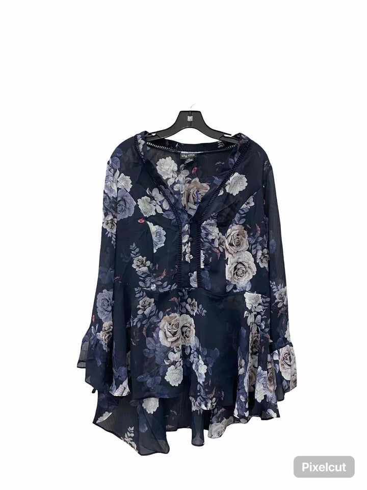City Chic Size L Blue Pink Floral Long Sleeve Shirts
