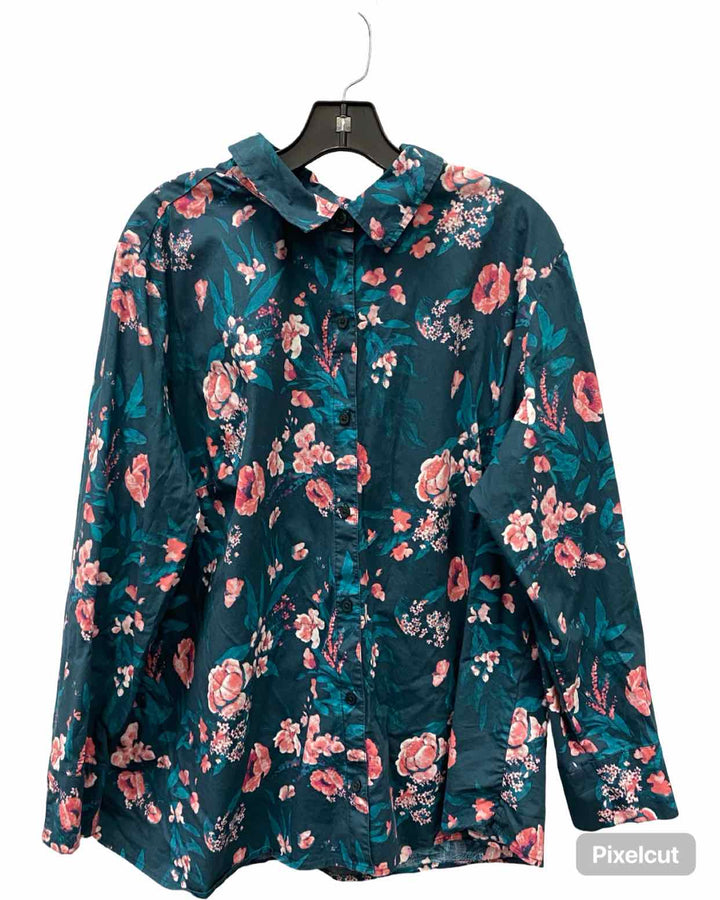 D&Co. Size 2X Teal Pink Floral Long Sleeve Shirts