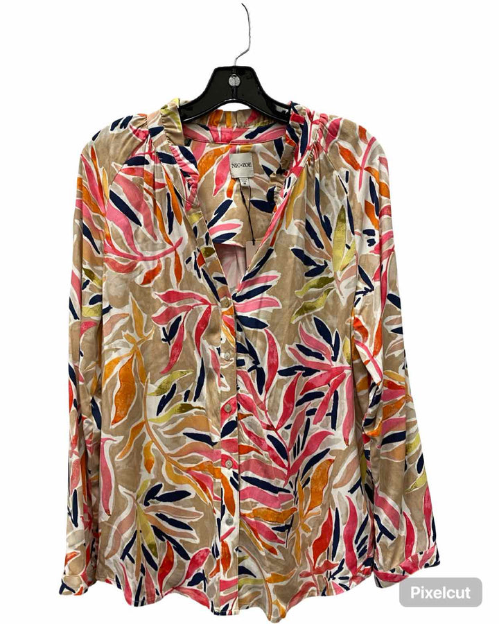 Nic + Zoe Size M Tan Multi Print Long Sleeve Shirts
