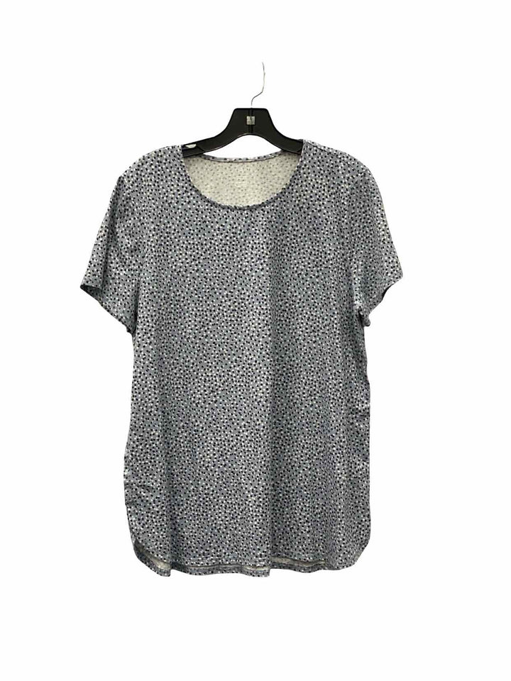 J Jill Size L Blue White Print Short Sleeve Shirts