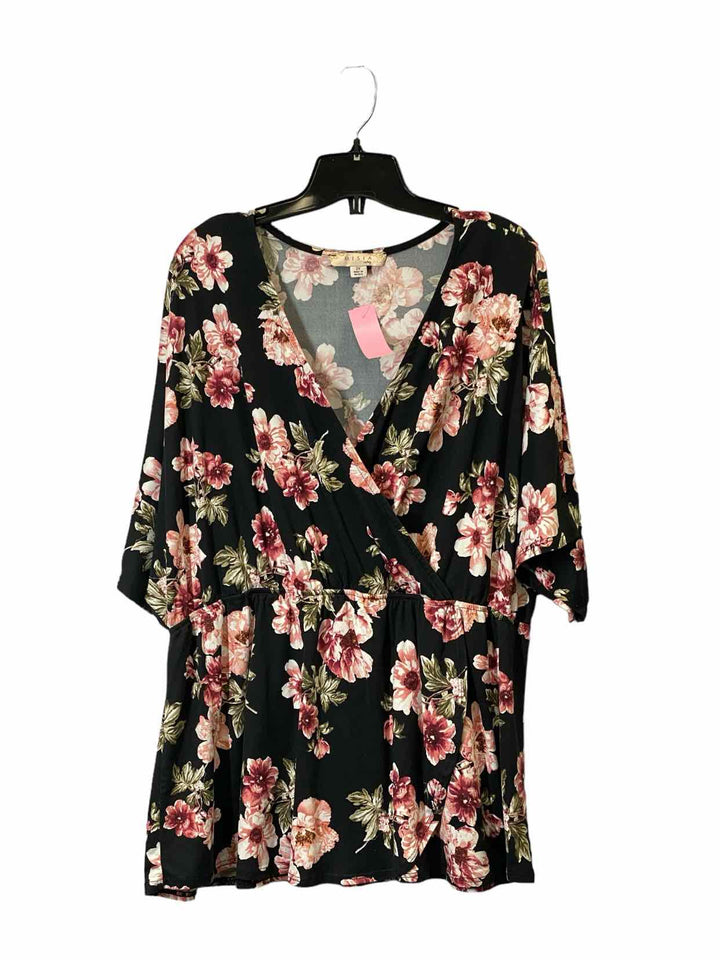 Misia Size 2X Black Pink Floral Short Sleeve Shirts