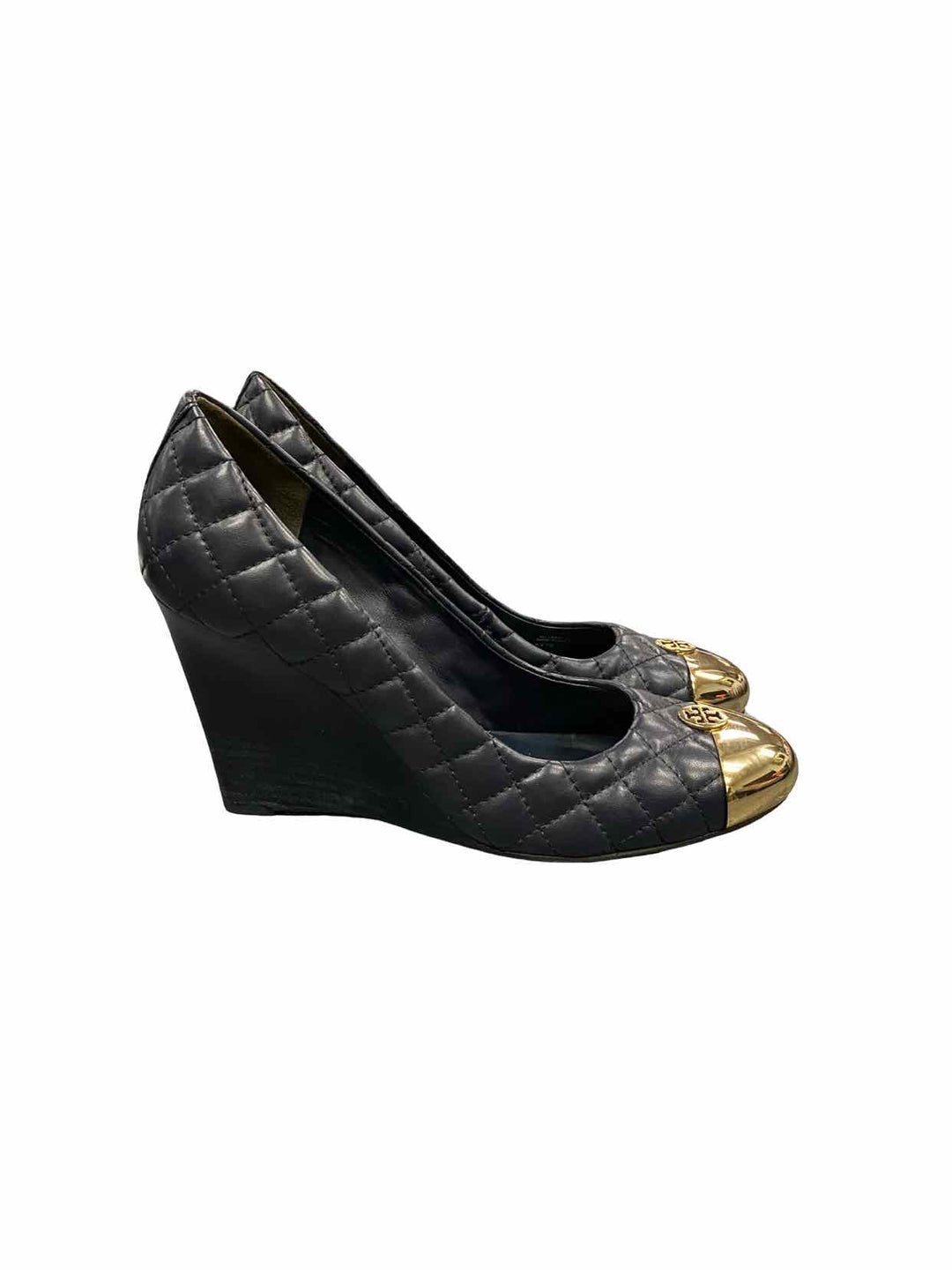 Tory Burch Shoe Size 9.5 Navy Quilted Leather Gold Cap Toe Wedge Heels
