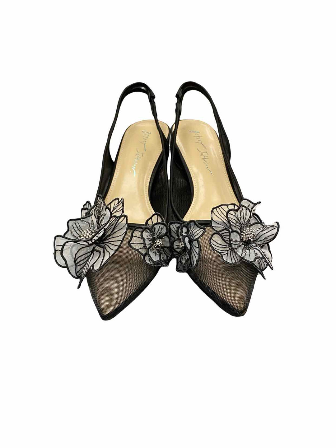 Betsey Johnson Shoe Size 8.5 Black Petra Flower Ornament Slingback Heels