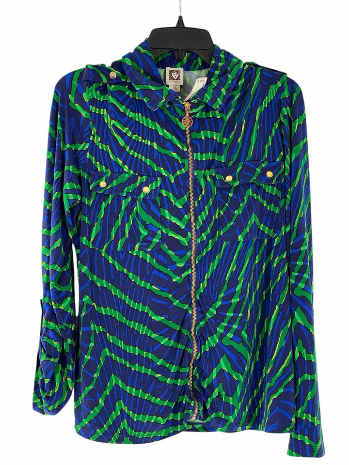 Anne Klein Size XL Navy Green Print Long Sleeve Shirts