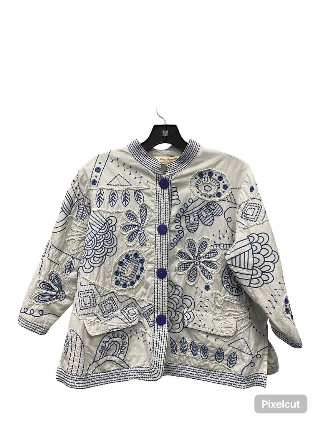Norm Thompson Size M White Blue Embroidered 100% cotton Jacket