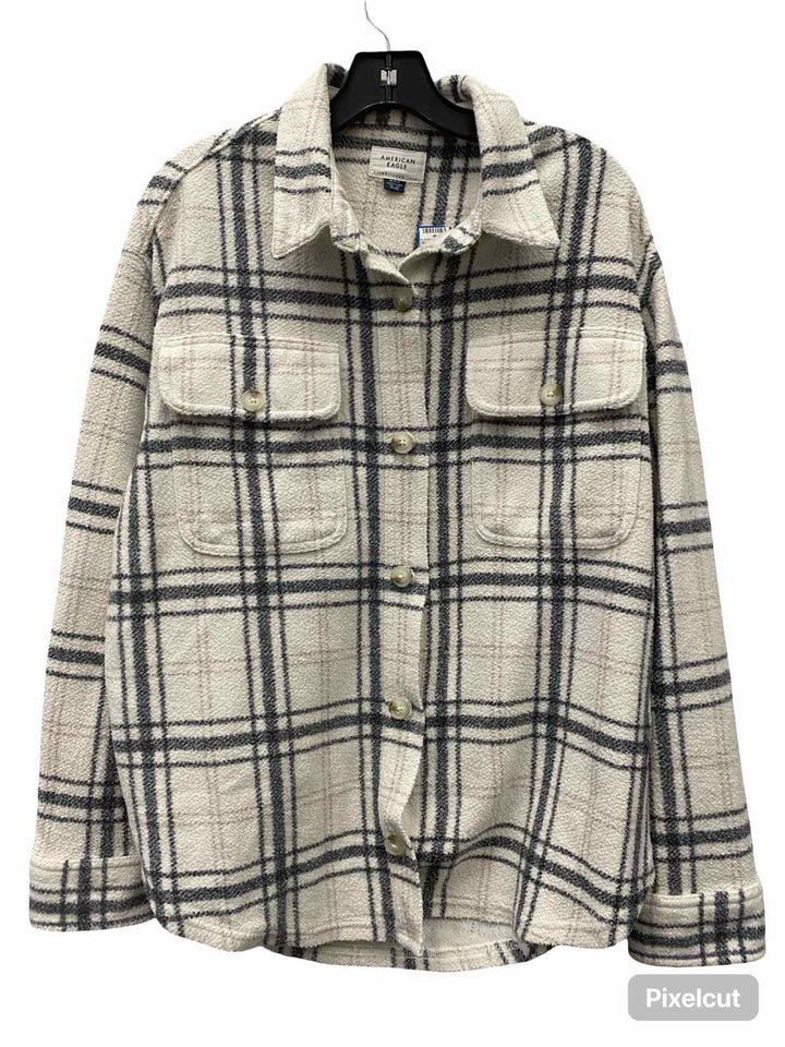 American Eagle Size M White Grey Plaid Long Sleeve Shirts
