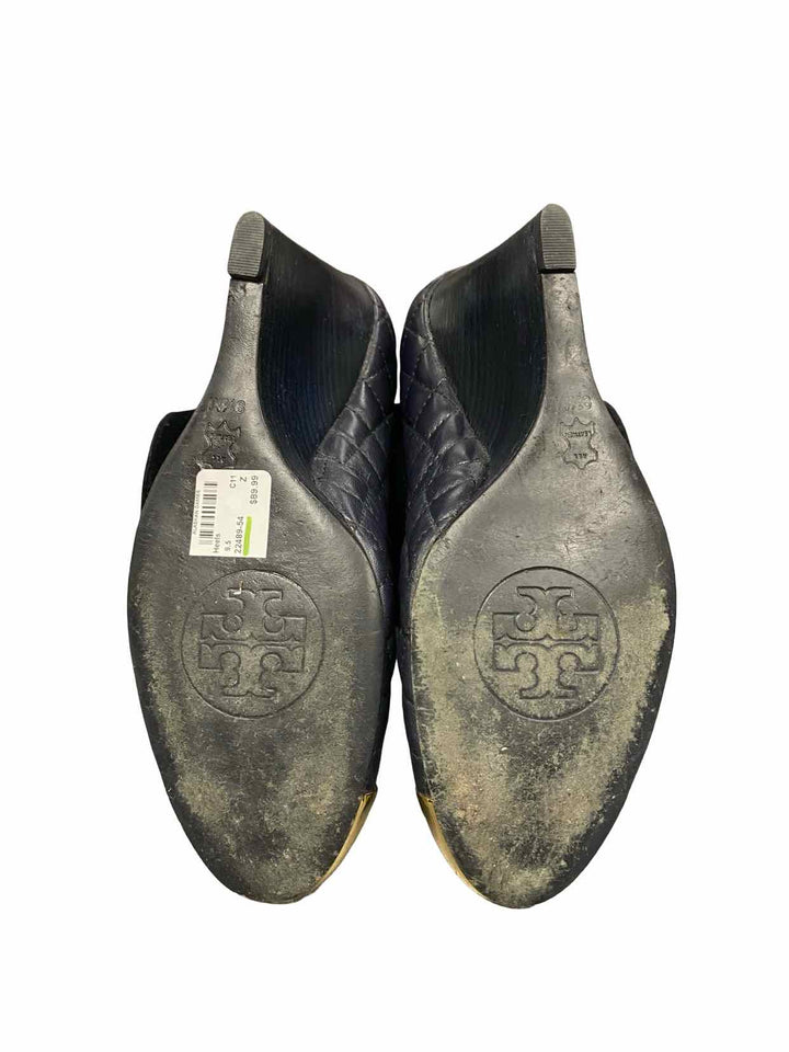 Tory Burch Shoe Size 9.5 Navy Quilted Leather Gold Cap Toe Wedge Heels