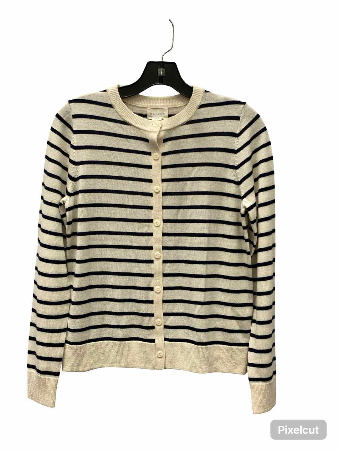 Caslon Size S White Black Striped Merino wool blend Button Up Sweater