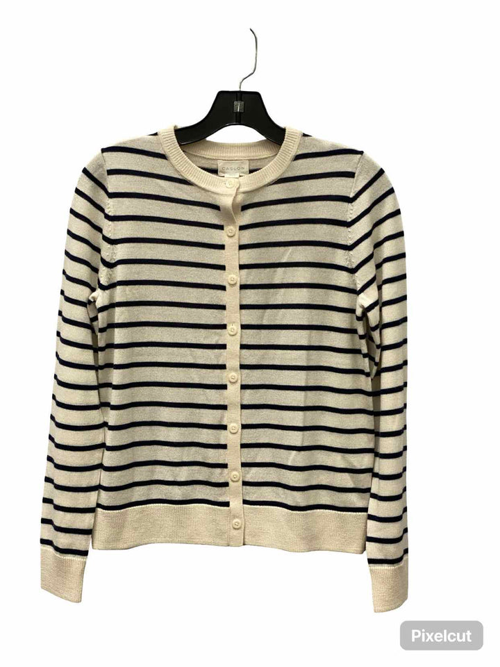 Caslon Size S White Black Striped Merino wool blend Button Up Sweater