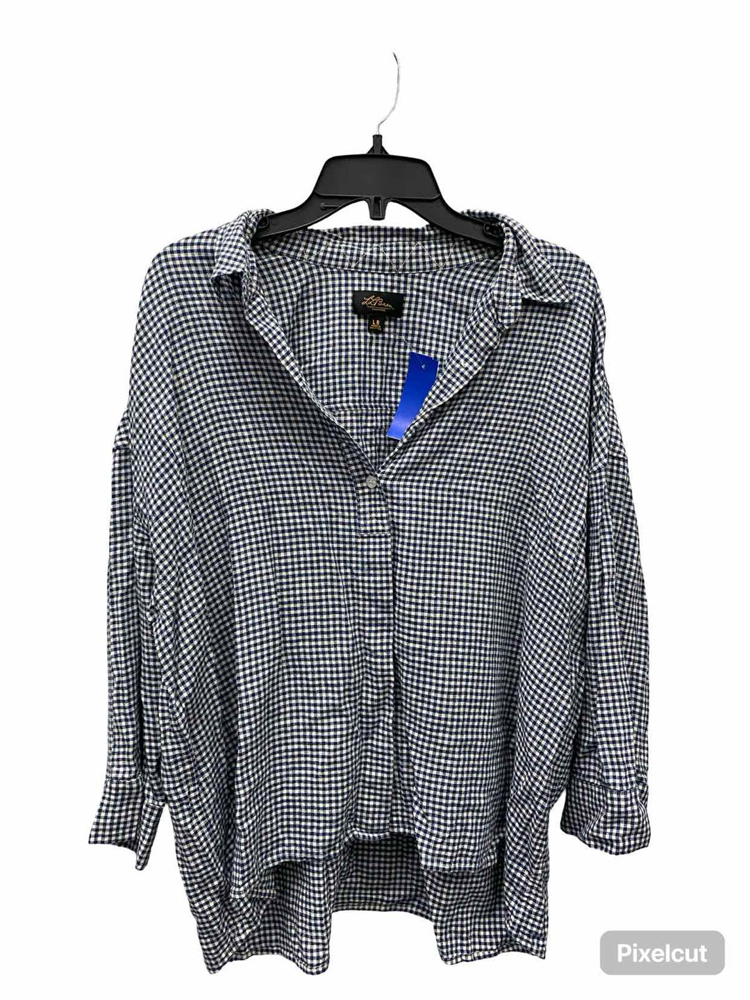 LL Bean Size L Blue White Plaid 55% Linen Long Sleeve Shirts