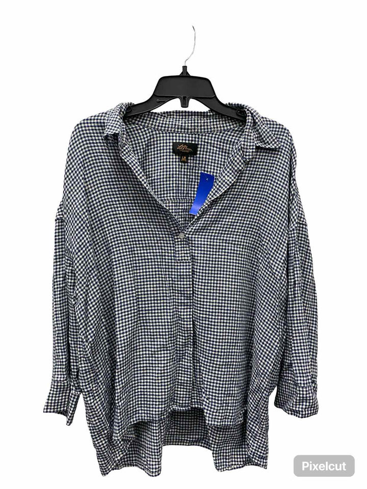 LL Bean Size L Blue White Plaid 55% Linen Long Sleeve Shirts