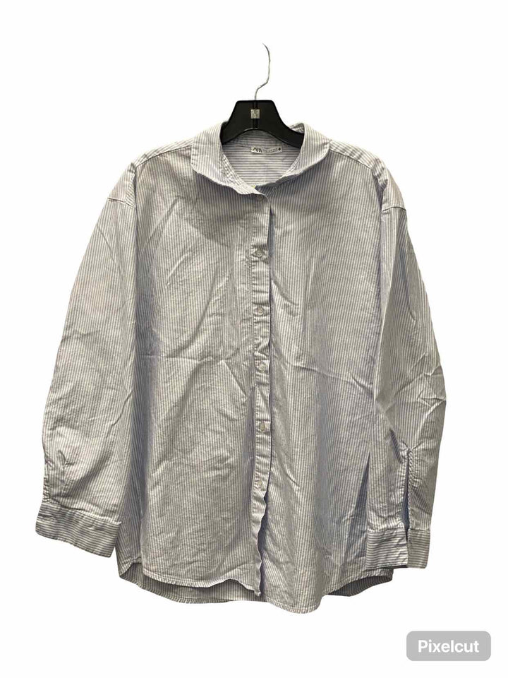 ZARA Size M White Blue Striped Long Sleeve Shirts