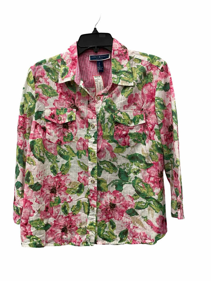 Karen Scott Size L Pink Green Floral Long Sleeve Shirts