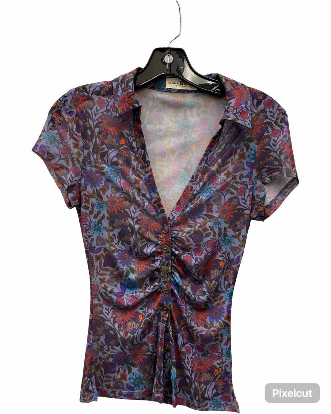 Natural Life Size XS Blue Red Floral Short Sleeve Shirts