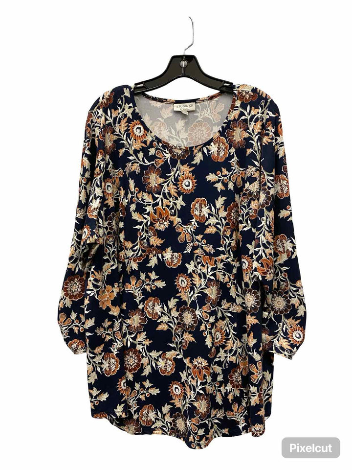 Studio B by Bobeau Size 3X Navy Blue Brown Floral Long Sleeve Shirts