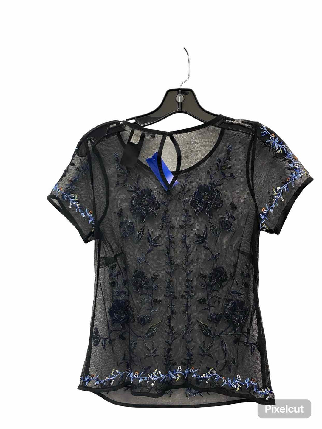 White House Black Market Size XXS Black Embroidered Short Sleeve Shirts