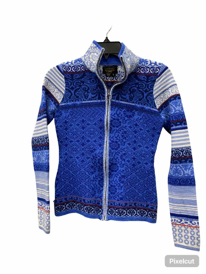 Icelandic Designs Size S Blue White Print 100% Merino Wool Sweater
