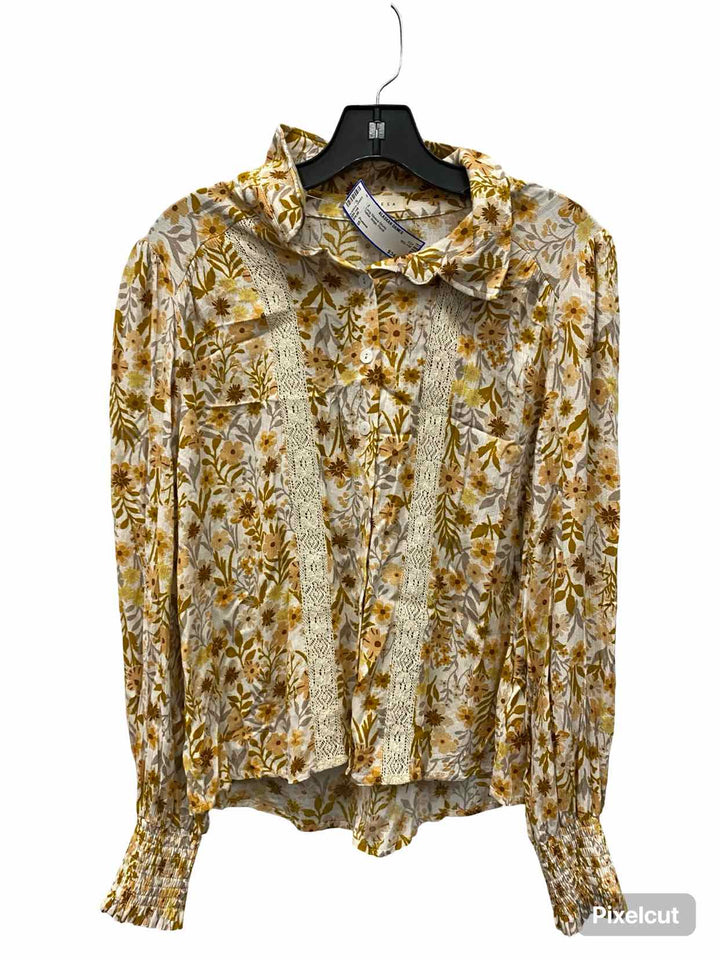 Promesa Size S Yellow Beige Floral Long Sleeve Shirts