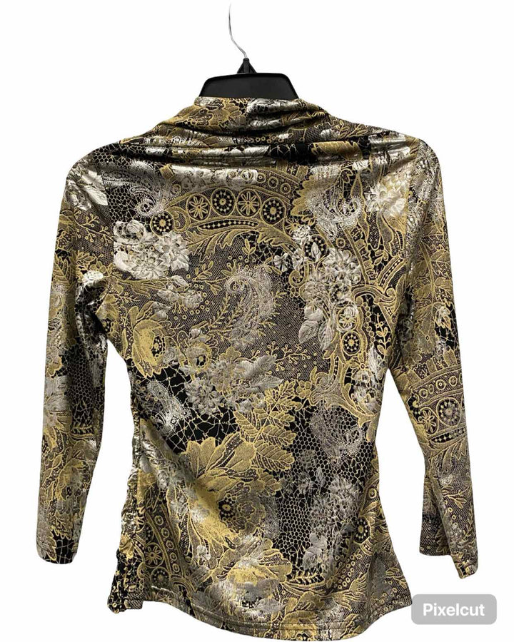 Joseph Ribkoff Size 6 Gold Silver Print Long Sleeve Shirts