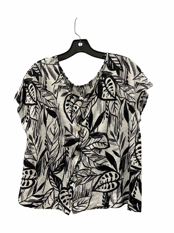 Tahari Size L White Black Floral Short Sleeve Shirts