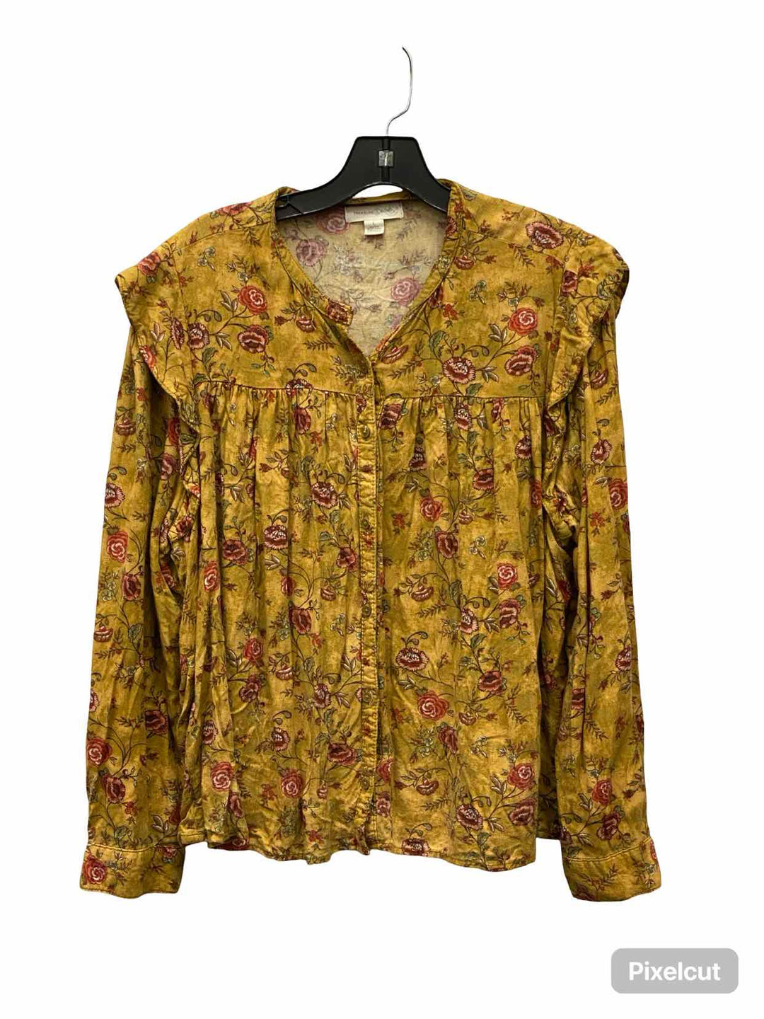 Treasure & Bond Size L Yellow Red Floral Rayon Button Up Long Sleeve Shirts