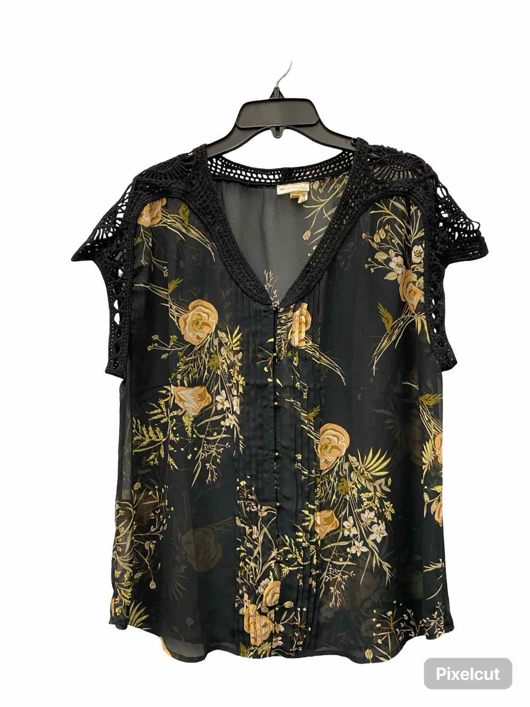 Meado Rue Size L Black Beige Floral Short Sleeve Shirts
