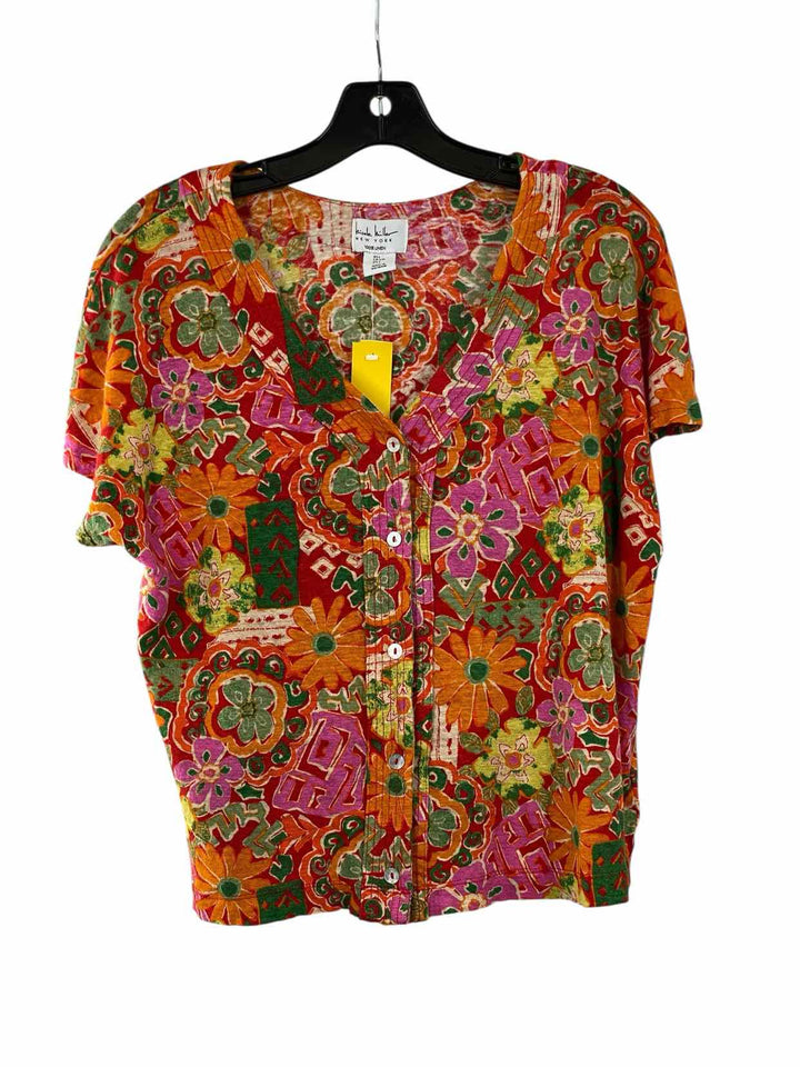 Nicole Miller Size L Orange Red Print Short Sleeve Shirts