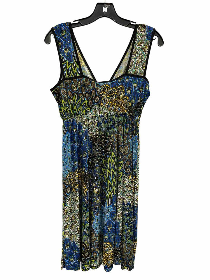 Dream Dance Size L Blue/Green Black Print Dress