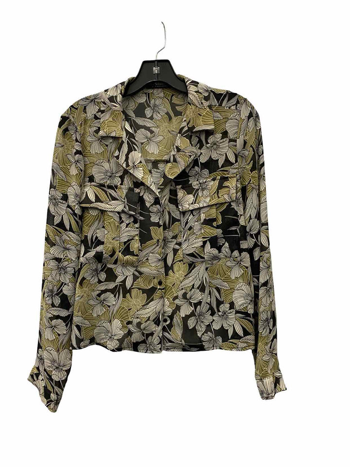Tahari Size M Black Green Floral Long Sleeve Shirts