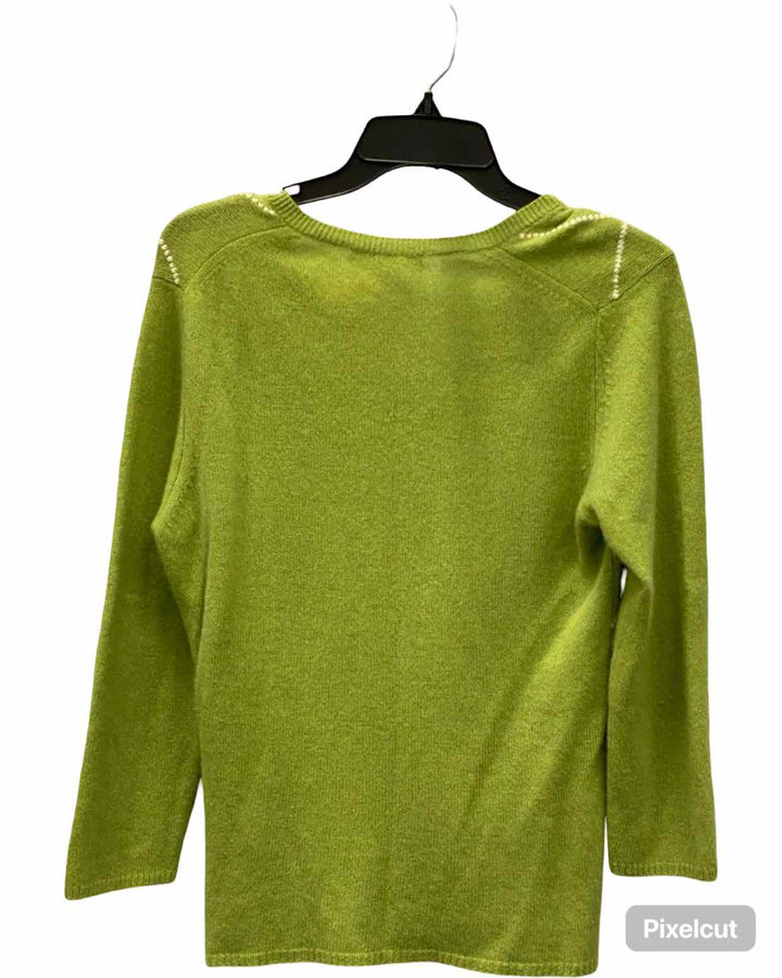 Kinross Size L Green White Print 100% cashmere Sweater
