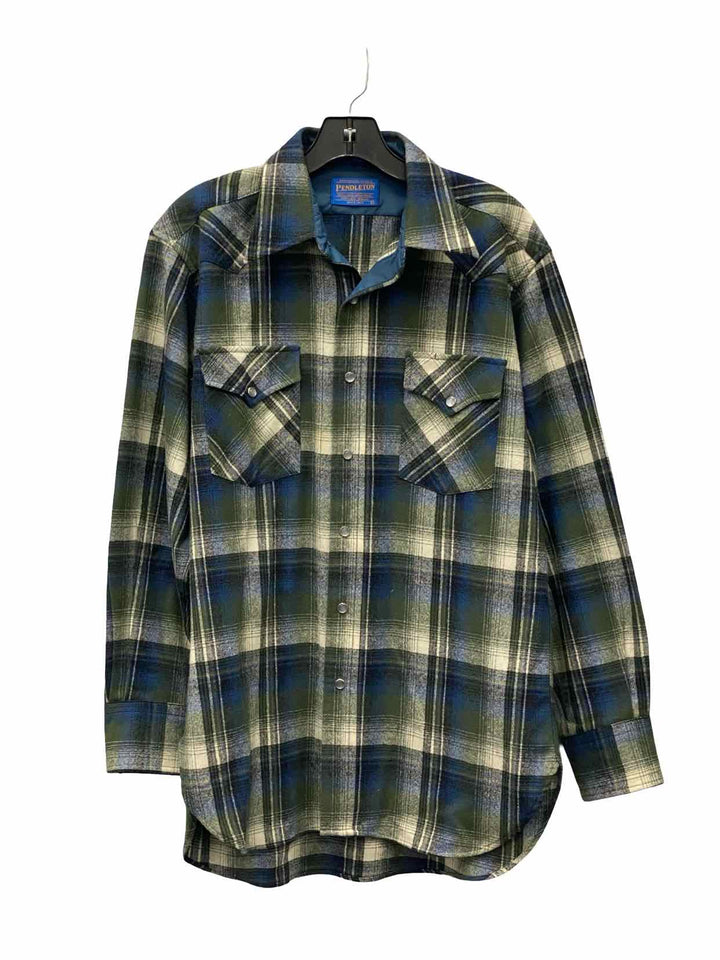 Pendleton Size L Blue Green Flannel 100% virgin wool Long Sleeve Shirts