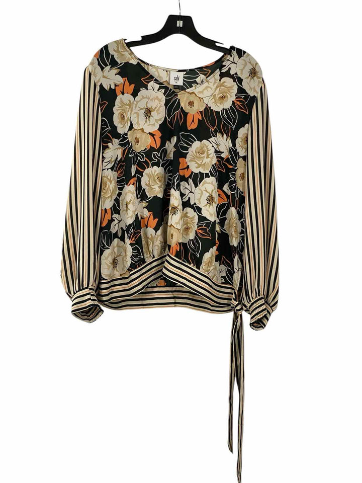 Cabi Size XL Black & White Orange Floral Polyester Long Sleeve Shirts