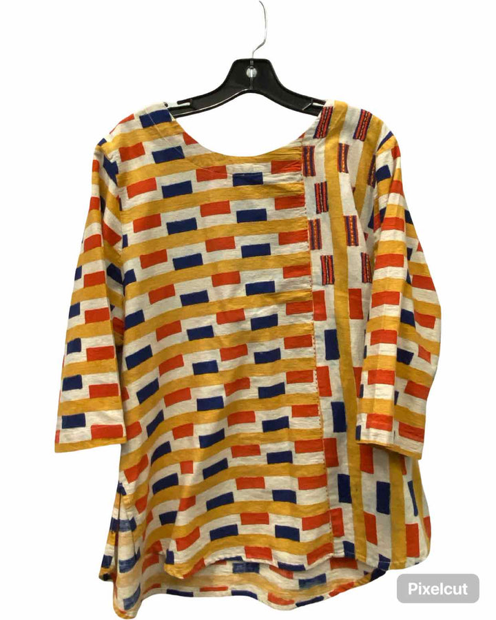 Marketplace Handwork of India Size L Yellow & Beige Print Short Sleeve Shirts