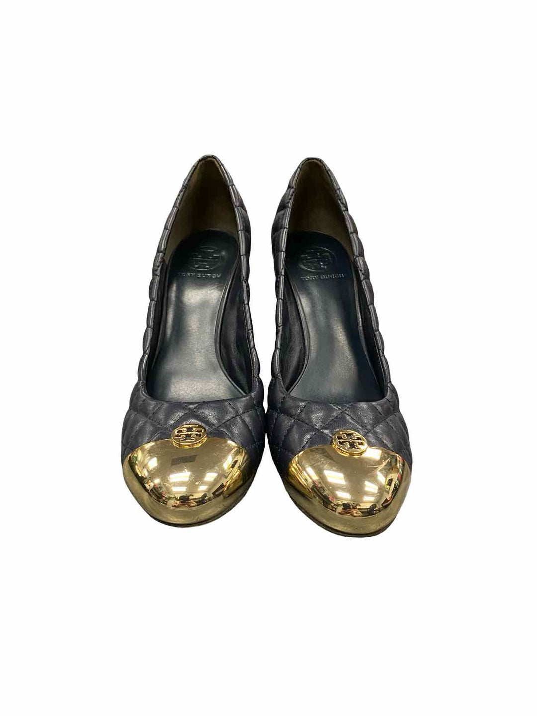 Tory Burch Shoe Size 9.5 Navy Quilted Leather Gold Cap Toe Wedge Heels