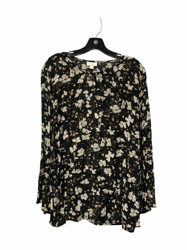 J Jill Size XL White Black Floral Rayon Long Sleeve Shirts